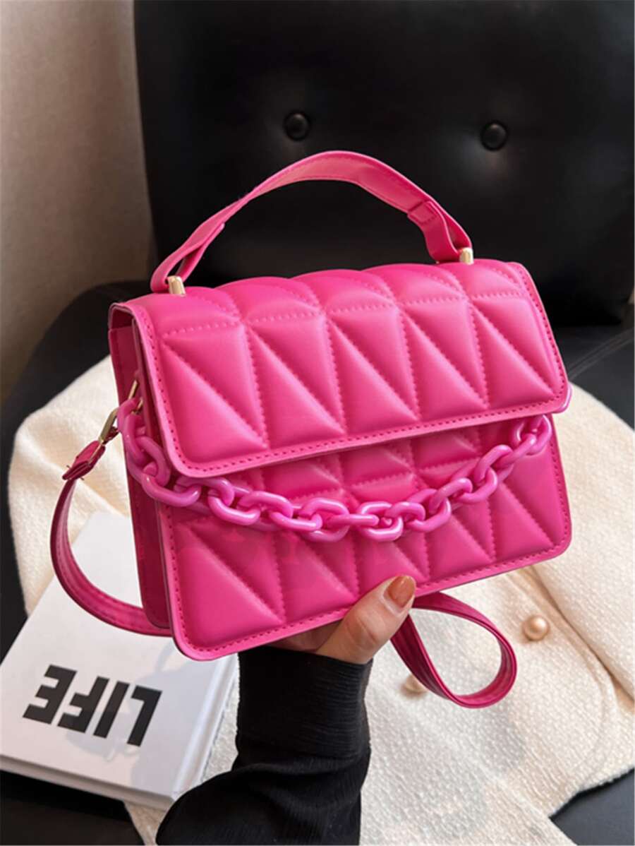 Chain Decor Embossed Diamond Print Small Handbag - Hot Pink - View 1