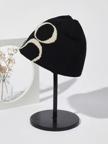 1 件字母刺绣针织贝雷帽，带绒球，秋冬时尚便帽休闲秋季装 - 黑色 - 查看 3