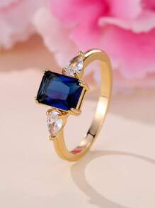 1入組復古風格金色戒指帶嵌入式石頭適合女士 - 寶藍色 - 查看 1