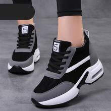 女性撞色前綁帶坡跟運動鞋,運動運動鞋 - 深灰色 - 查看 4