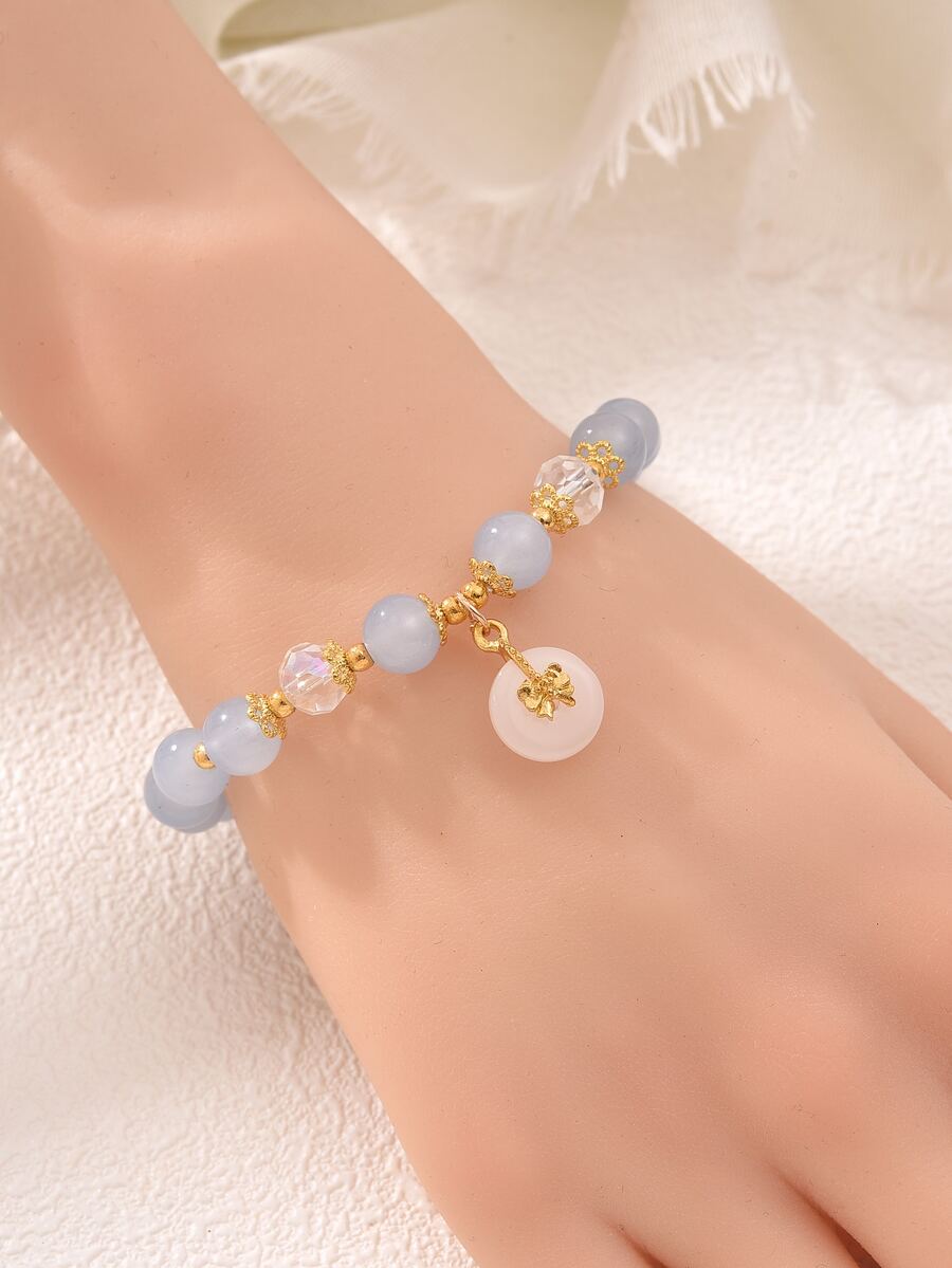 1入組石頭串珠彈性拉伸手環帶玉懸空吊墜吊墜適合女士生日感恩節聖誕節日禮物日常手掌首飾類一種尺寸適合全部 - 藍色 - 查看 1