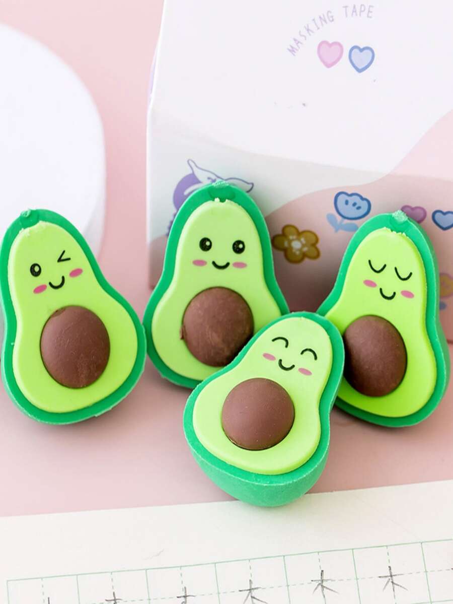 3pcs Set Random Cute Avocado Expression Erasers, Creative Stationery