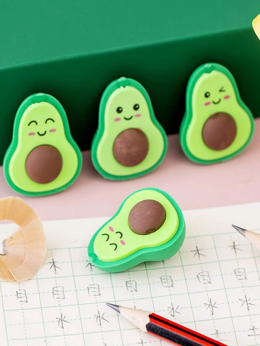 3pcs Set Random Cute Avocado Expression Erasers, Creative Stationery