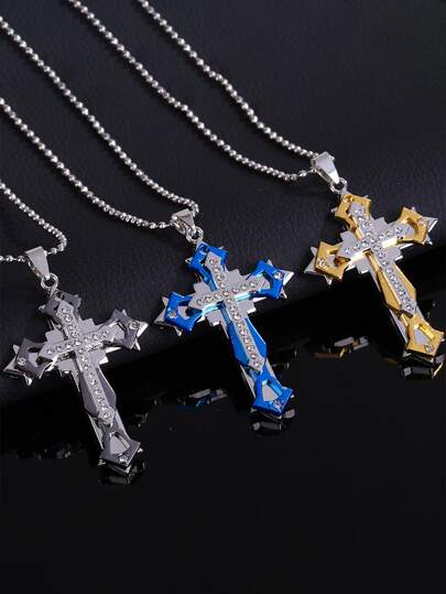 1pc Men's Stainless Steel Multi-layer Cross & Mechanical Style Cool Pendant Necklace