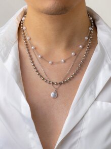 1set 3pcs Simple & Fashionable Metal Chain Faux Pearl Layered Necklace Set For Hip-Hop Style Personalized Men's Collarbone Necklace