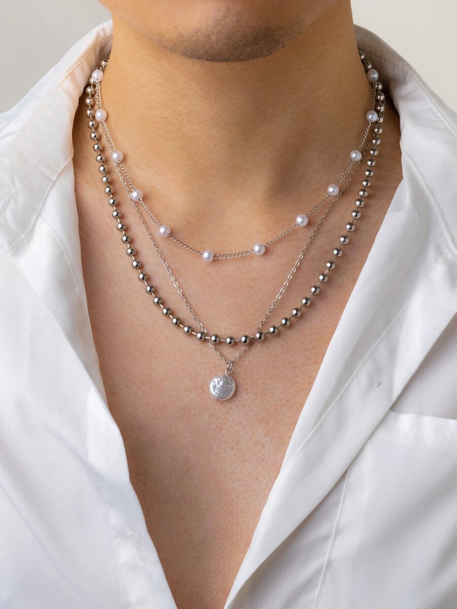 1set 3pcs Simple & Fashionable Metal Chain Faux Pearl Layered Necklace Set For Hip-Hop Style Personalized Men's Collarbone Necklace