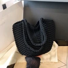 Versatile Crocheted Women's Shoulder Tote Bag, Daily Casual Handbag - Black - View 1
