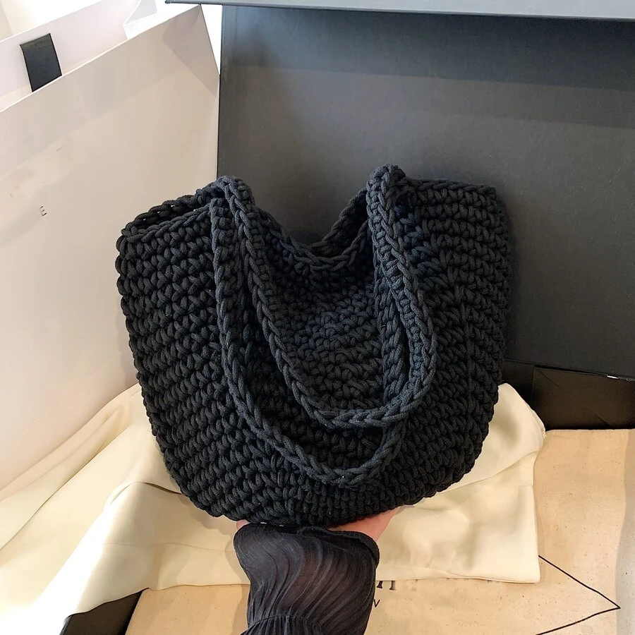 Versatile Crocheted Women's Shoulder Tote Bag, Daily Casual Handbag - Black - View 1