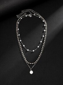 1set 3pcs Simple & Fashionable Metal Chain Faux Pearl Layered Necklace Set For Hip-Hop Style Personalized Men's Collarbone Necklace