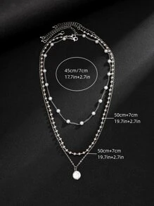 1set 3pcs Simple & Fashionable Metal Chain Faux Pearl Layered Necklace Set For Hip-Hop Style Personalized Men's Collarbone Necklace