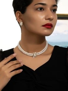 1 套奢华人造珍珠几何方形全水钻项链和耳环首饰套装，适合女性日常和场合佩戴 - 彩色 - 查看 1