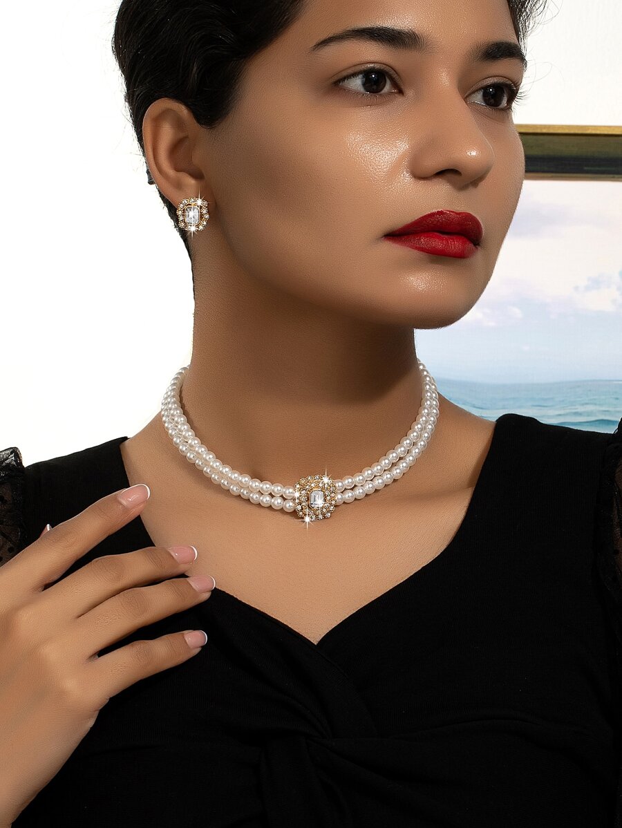 1 套奢华人造珍珠几何方形全水钻项链和耳环首饰套装，适合女性日常和场合佩戴 - 彩色 - 查看 1