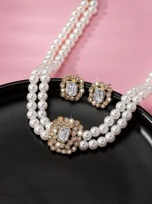 1 套奢华人造珍珠几何方形全水钻项链和耳环首饰套装，适合女性日常和场合佩戴 - 彩色 - 查看 2