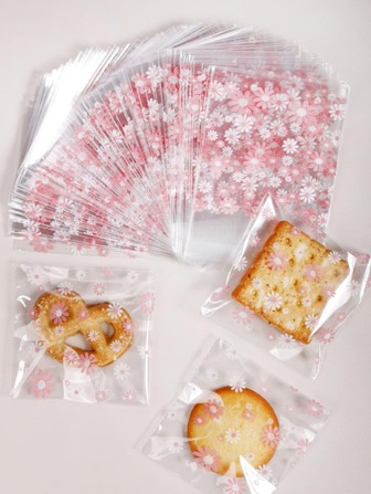 100pcs Small Flower Pattern Biscuit Candy Self-Adhesive Packaging Bag, Suitable For Bread, Candy, Biscuit, Chocolate, Snack, Gift DIY Bakery Decoration 7 * 7cm (2.76 In * 2.76 In)