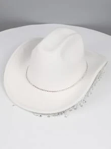 1pc Women Rhinestone Tassel Decor Cowboy Fedora Hat For Party - White - View 7