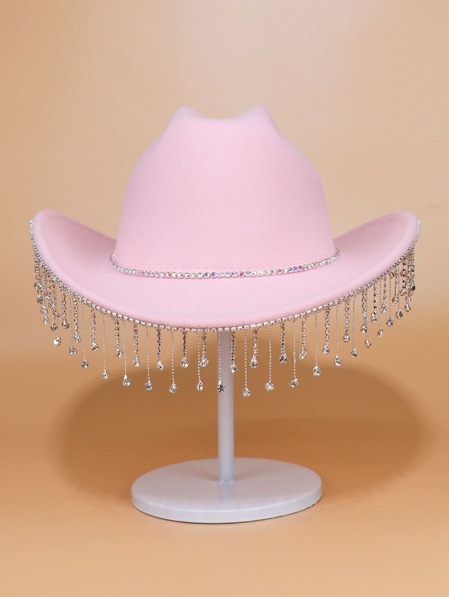 1 pieza Sombrero cowboy rosado con diseño de diamante con cadena colgante para festival de música , fiesta con jazz actuación - Rosa - Ver 1