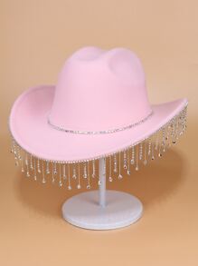 1 pieza Sombrero cowboy rosado con diseño de diamante con cadena colgante para festival de música , fiesta con jazz actuación - Rosa - Ver 2