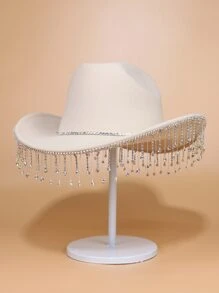 1pc Fascinating Rhinestone Decor Cowboy Hat In Beige With Chain Detail, Perfect For Music Festivals, Bachelor Parties Or Jazz Event Party - Beige - View 2