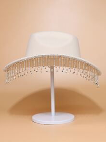 1pc Fascinating Rhinestone Decor Cowboy Hat In Beige With Chain Detail, Perfect For Music Festivals, Bachelor Parties Or Jazz Event Party - Beige - View 5
