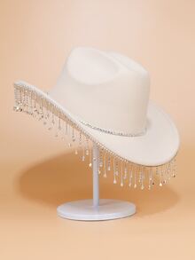 1pc Fascinating Rhinestone Decor Cowboy Hat In Beige With Chain Detail, Perfect For Music Festivals, Bachelor Parties Or Jazz Event Party - Beige - View 6