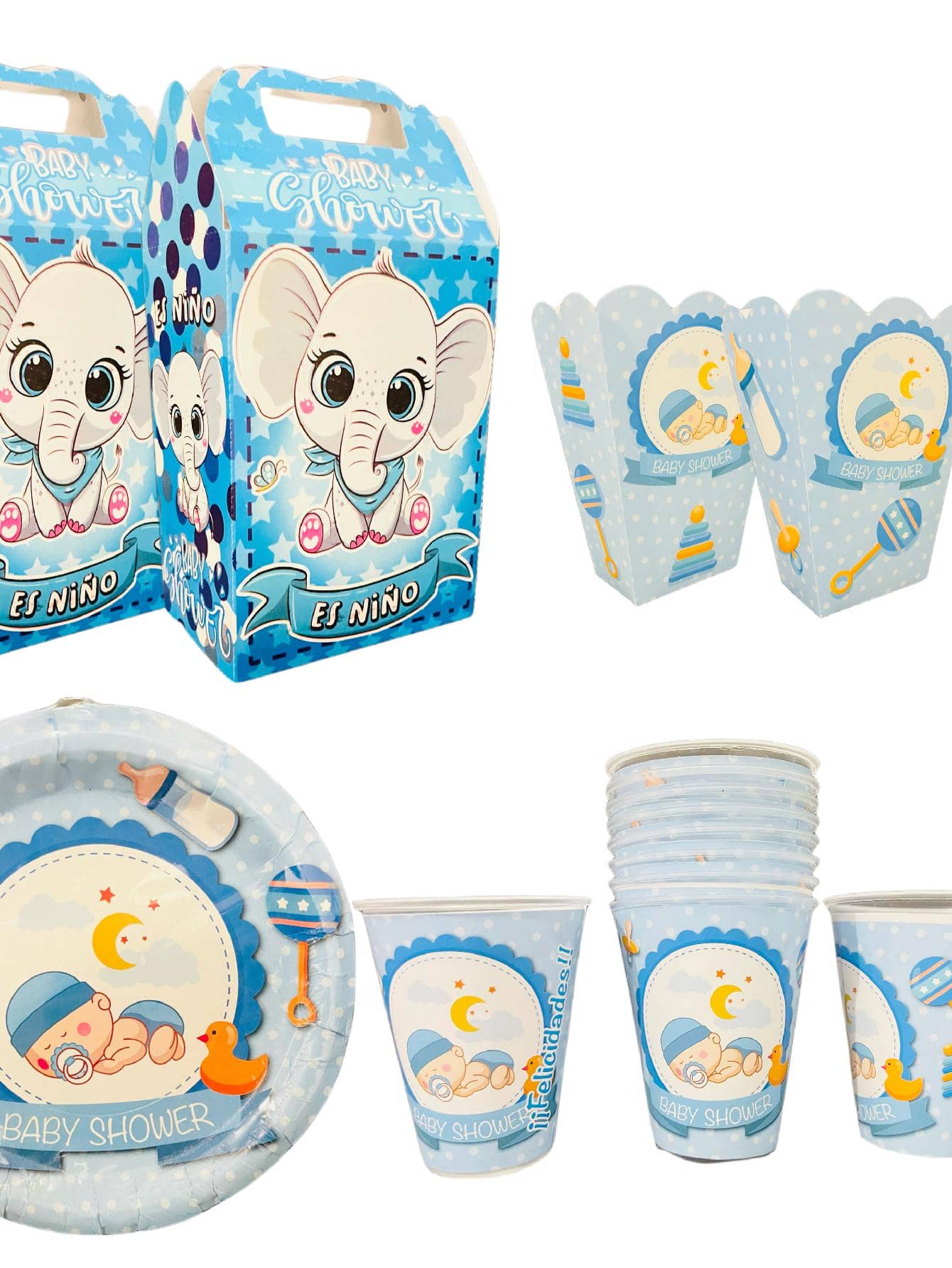 Kit de Fiesta 30 Invitados de Personaje Baby Shower Niño Desechables 120 pz Artículos Decoración Cartón Platos Vasos Dulceros Palomeros - Negro - Ver 1