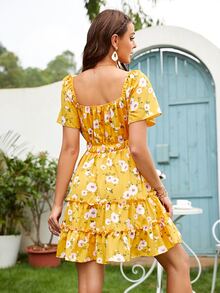 OLISGAR Women's Dress With Floral Print, Dress With Square Neck, Bell Sleeve, Dress With Front Knot - 黃色 - 查看 2