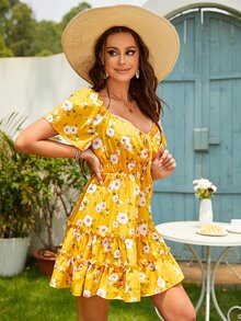 OLISGAR Women's Dress With Floral Print, Dress With Square Neck, Bell Sleeve, Dress With Front Knot - 黃色 - 查看 5