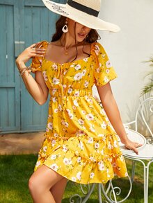 OLISGAR Women's Dress With Floral Print, Dress With Square Neck, Bell Sleeve, Dress With Front Knot - 黃色 - 查看 6