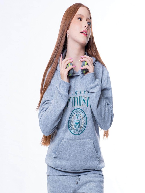 Blusa de Moletom Fechado com Capuz e Bolso Canguru com Estampa Optimistic