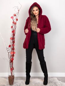 Women Faux Fur Coats - Burgundy - View 8