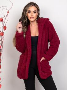 Women Faux Fur Coats - Burgundy - View 1