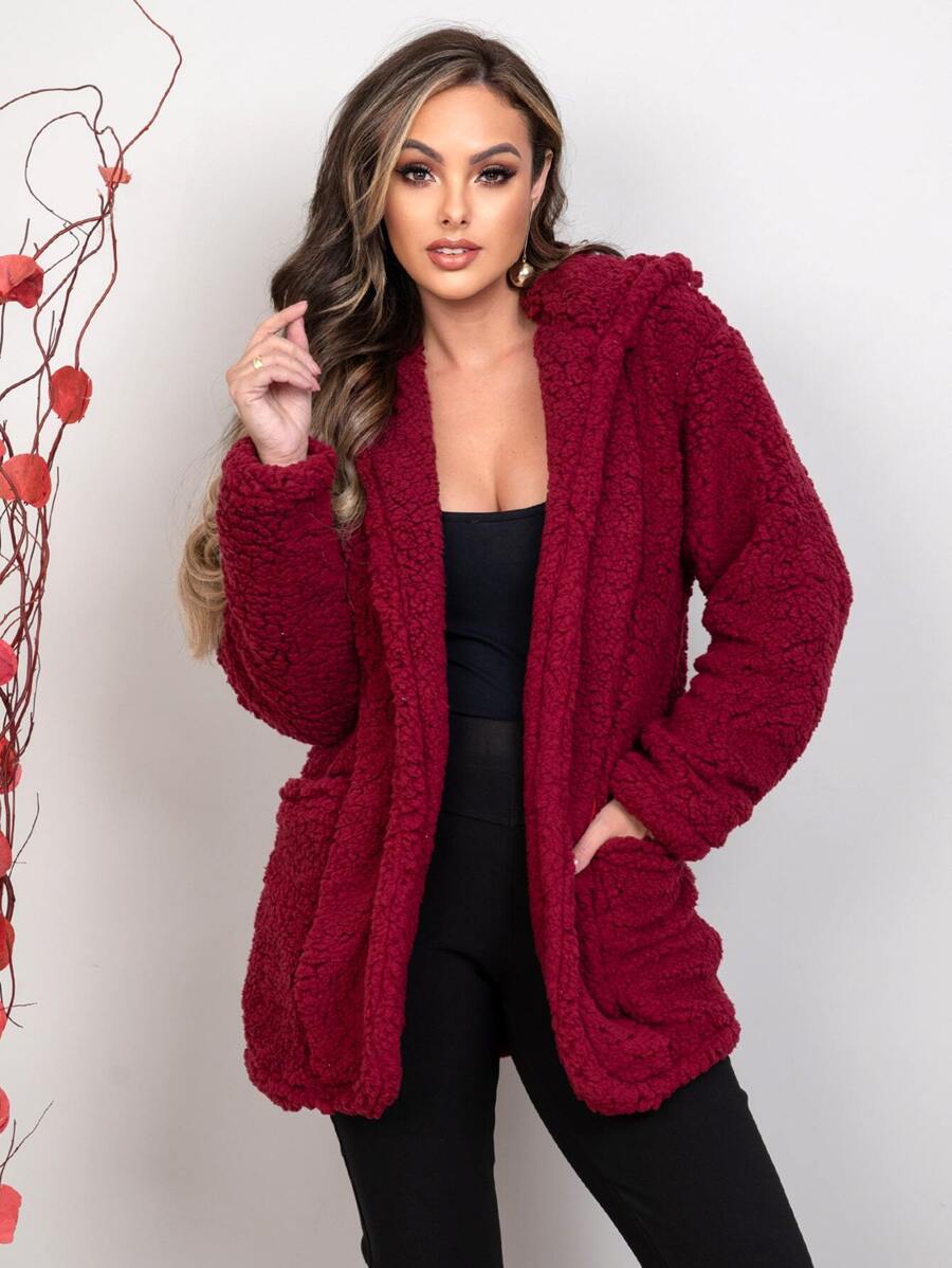 Women Faux Fur Coats - Burgundy - View 1