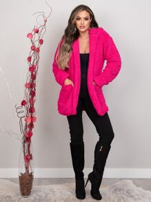 Women Faux Fur Coats - Hot Pink - View 8