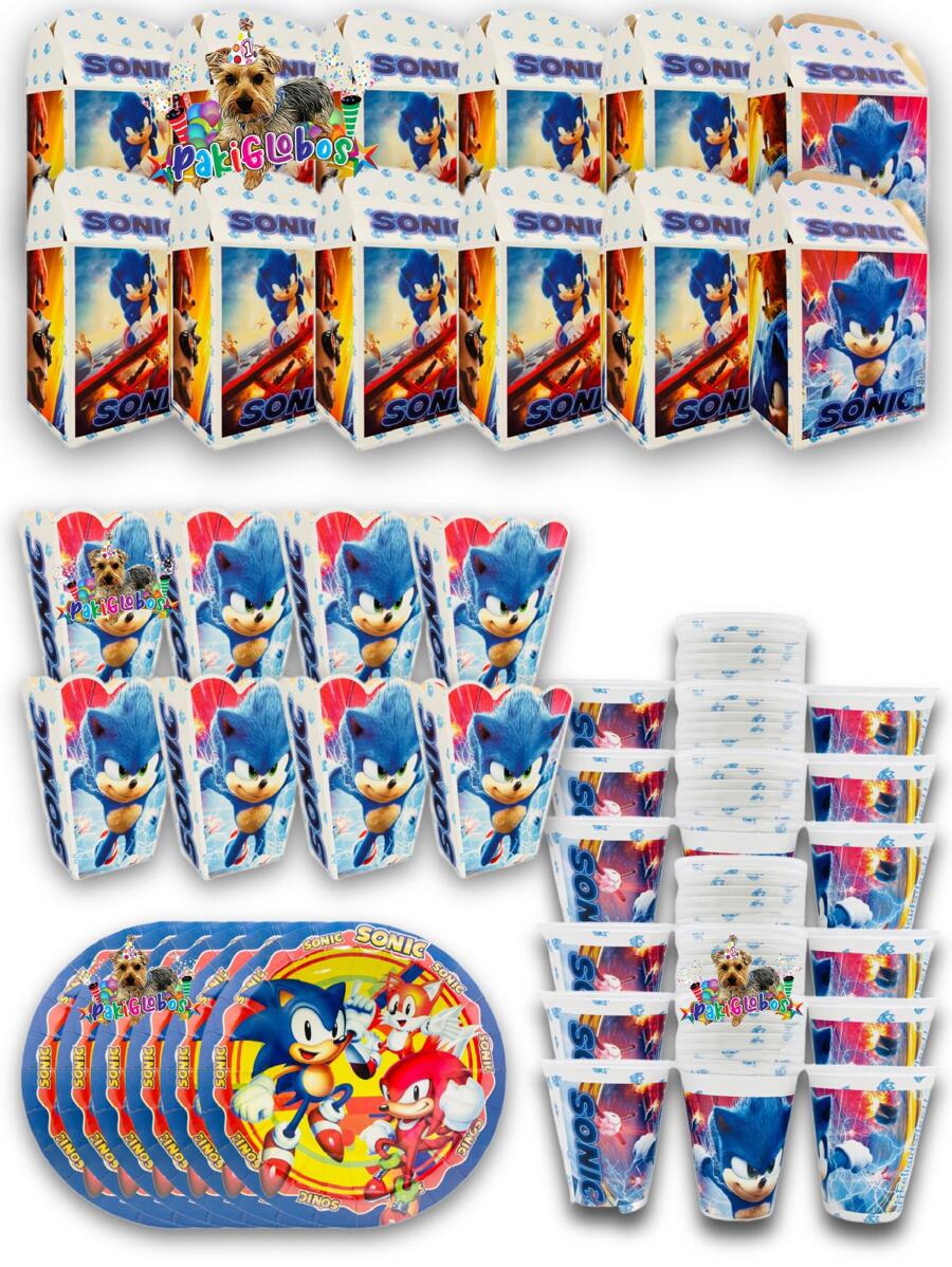 Kit de Fiesta 25 Invitados de Personaje Sonic Desechables 100 pz Artículos Decoración Cartón Platos Vasos Dulceros Palomeros - Negro - Ver 1
