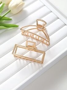 2 件/套大码女士金属色空心方形/弧形发夹 - 金色 - 查看 4