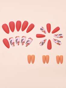 24pcs Flower & Orange Design Short Almond Shaped Press On Nails False Nail Tips, 1 Nail Tape & 1 Nail File - Multicolor - View 3