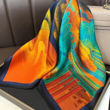 26.77英寸女士時尚透氣人造絲印花方巾，多功能頭帶，圍巾，袋飾，1入組頭巾，髮帶，頭帶，理想裝扮你的造型 - 橘色 - 查看 2