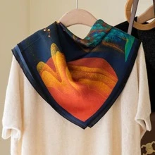 26.77英寸女士時尚透氣人造絲印花方巾，多功能頭帶，圍巾，袋飾，1入組頭巾，髮帶，頭帶，理想裝扮你的造型 - 橘色 - 查看 3