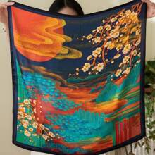 26.77英寸女士時尚透氣人造絲印花方巾，多功能頭帶，圍巾，袋飾，1入組頭巾，髮帶，頭帶，理想裝扮你的造型 - 橘色 - 查看 4