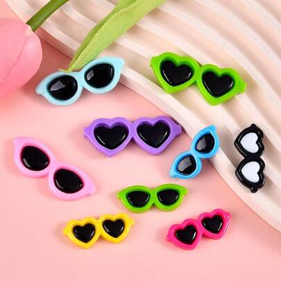 10入組/套樹脂混色太陽眼鏡,包括圓形和心形迷你太陽眼鏡,DIY眼鏡配件