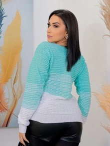 Blusa Tricolor Tricot Colorida Manga Longa Relevo