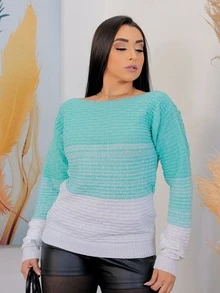 Blusa Tricolor Tricot Colorida Manga Longa Relevo
