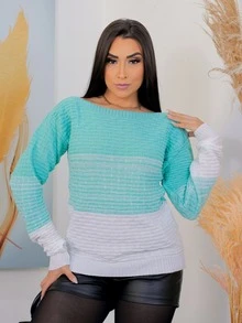Blusa Tricolor Tricot Colorida Manga Longa Relevo