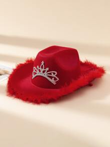 1pc Red Cowgirl Hat With Feather Edging, Metallic Crown & Windproof String For Women, Suitable For Festivals And Parties - Red - View 4