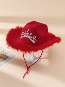 1pc Red Cowgirl Hat With Feather Edging, Metallic Crown & Windproof String For Women, Suitable For Festivals And Parties - Red - View 2
