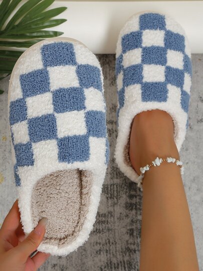 Women's Plaid Pattern House Slippers, Casual Comfortable Fluffy Slip On Flat Shoes, Blue & White Checkerboard Indoor Bedroom Slippers, Autumn/Winter
