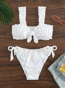 Double Strap Gathered Side Ties Brief Bikini Set Summer - White - View 1