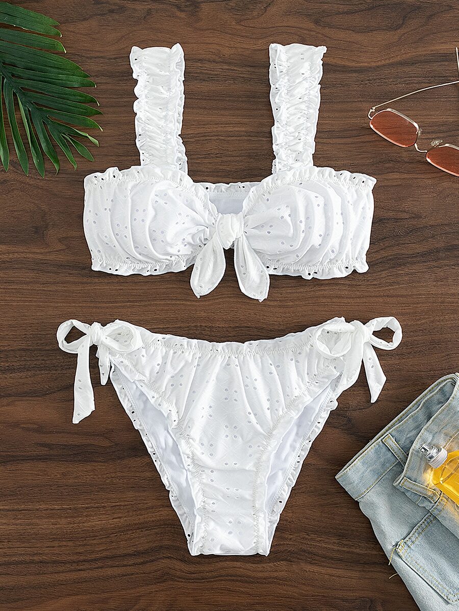 Double Strap Gathered Side Ties Brief Bikini Set Summer - White - View 1