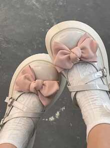 學院瑪麗珍鞋適合女士,扣飾和蝴蝶結裝飾厚底坡跟鞋 - 白色 - 查看 2