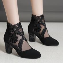 Women's And Winter Versatile Lace Ankle Boots, Block - Heel Design, Comfortable And Fashionable For Shopping, Simple - Style Ladies' Pointed - Toe High - Heel Ankle Boots - Black - View 4